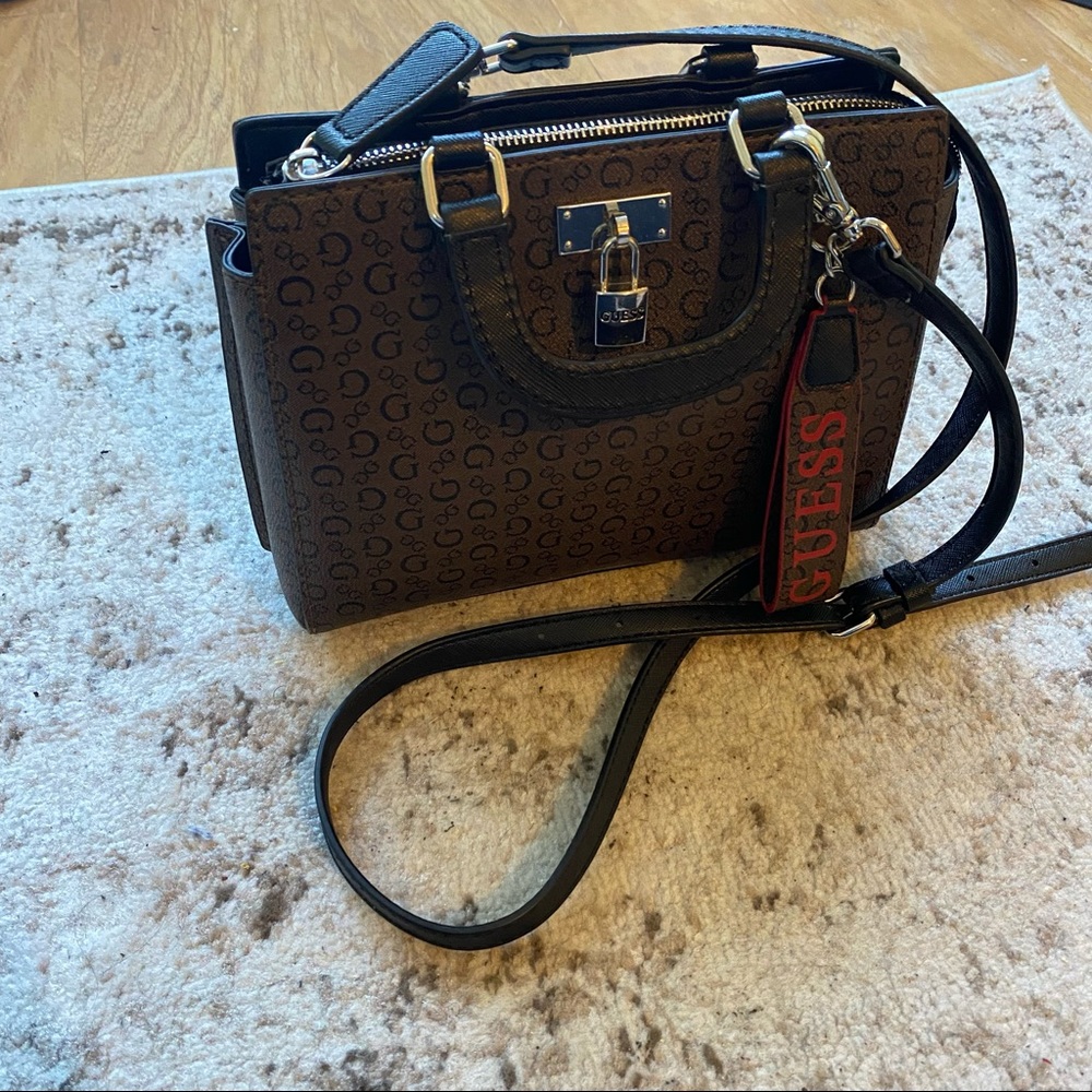 GUESS Baldoni Satchel with Locket charm and Logo Tag | Brown Crossbody Purse